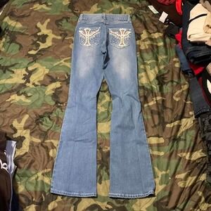 H&Y slim bootcut flare jeans cross embroidery y2k womens‎ 25/31